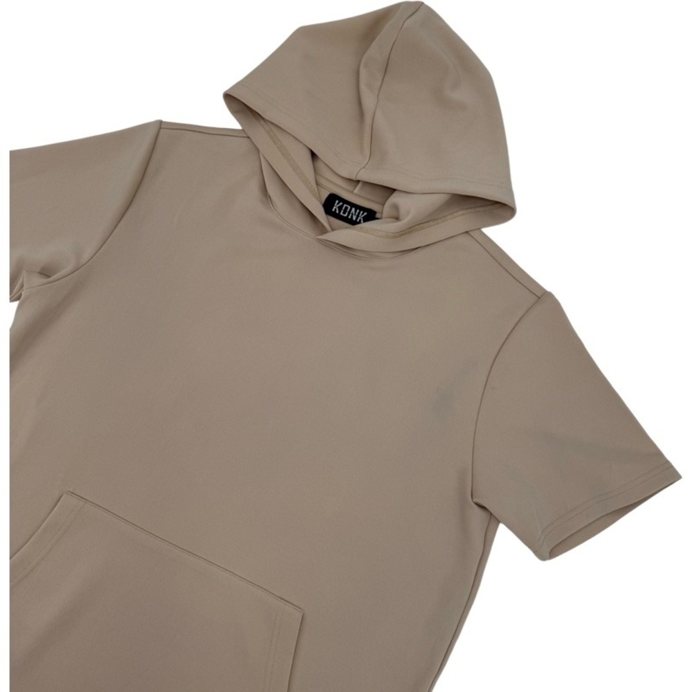KDNK Size Medium Short Sleeve Hoodie Beige Side Zip Curved Hem Streetwear Gym